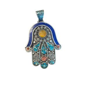 Vintage Hamsa Hand Mosiac Pendant Turquoise Lapis Coral Inlay Silver Tone 3in
